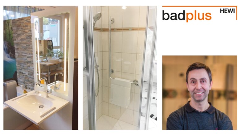 HEWI Badplus Steffen Möller Dreiteilige Bildcollage aus einem Waschtisch-Modul, einer Dusche mit Haltegriff und einem Klappsitz