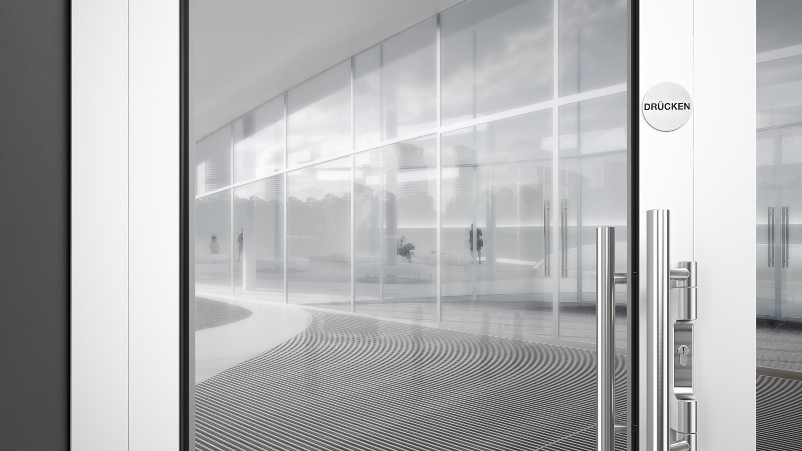 HEWI Drückergriff Edelstahl matt Drückergriff in matt geschliffenem Edelstahl und Beschilderung "DRÜCKEN" auf Glastür mit weißem Rahmen