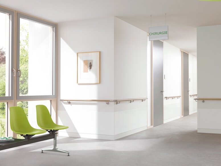 ENTRO handrail lignum protect Hospital corridor equipped with a beech handrail and impact protection at the corners