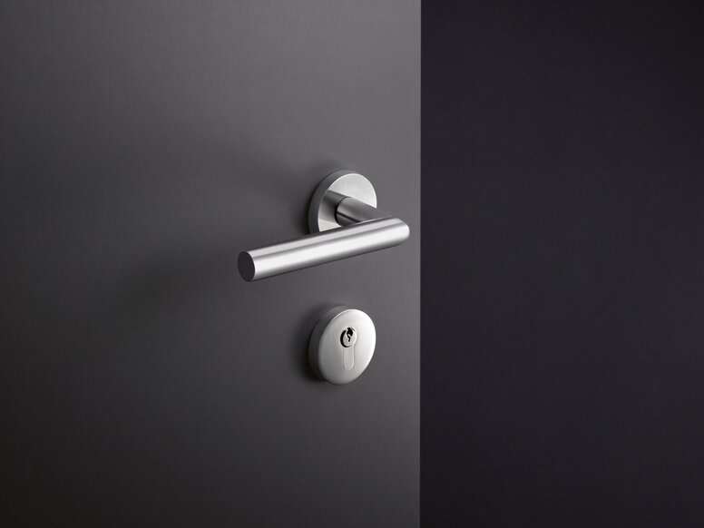 HEWI lever handle System 162 stainless steel Black door fitted with door handle in matt polished stainless steel