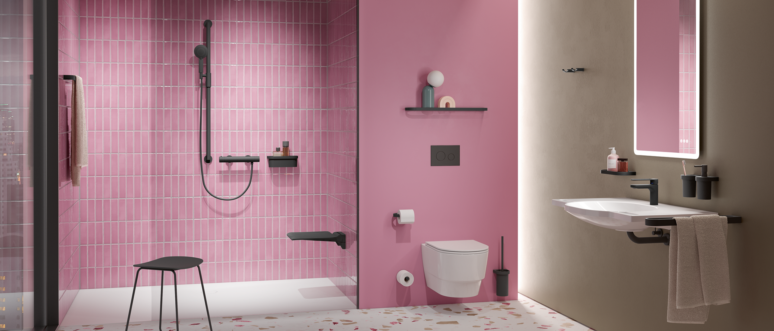 HEWI Systeem 800 zwart mat Badkamer met wastafel, douche en toilet