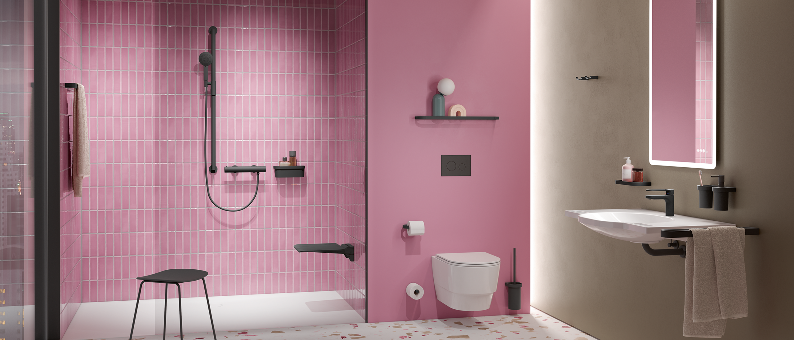 Bad mit Waschplatz, Duschbereich und WC