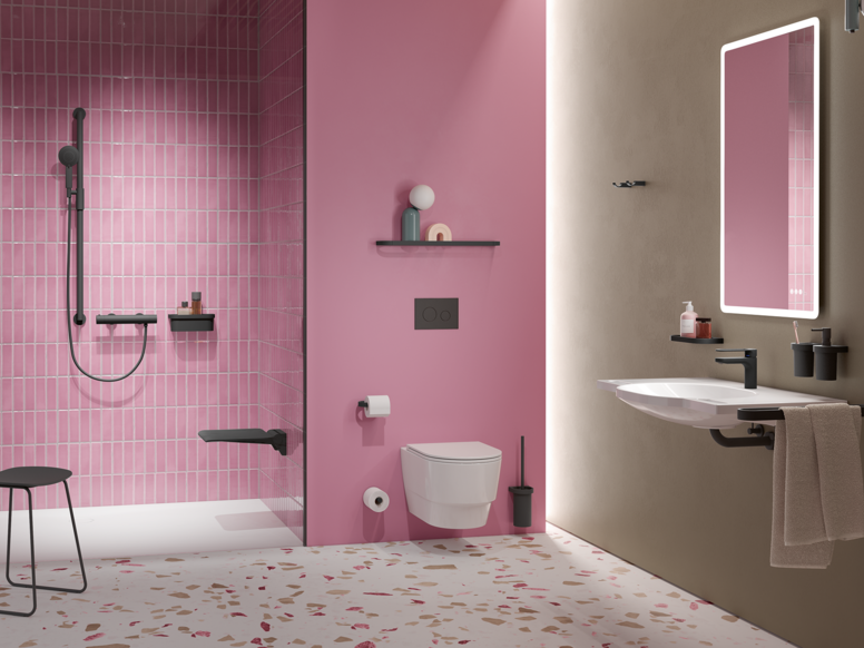 HEWI System 800 schwarzmatt Bad mit Waschplatz, Duschbereich und WC