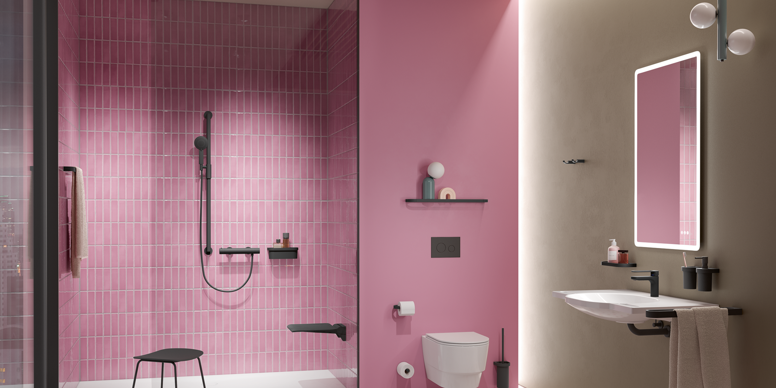 HEWI System 800 black matt Bathroom with washbasin, shower area and WC