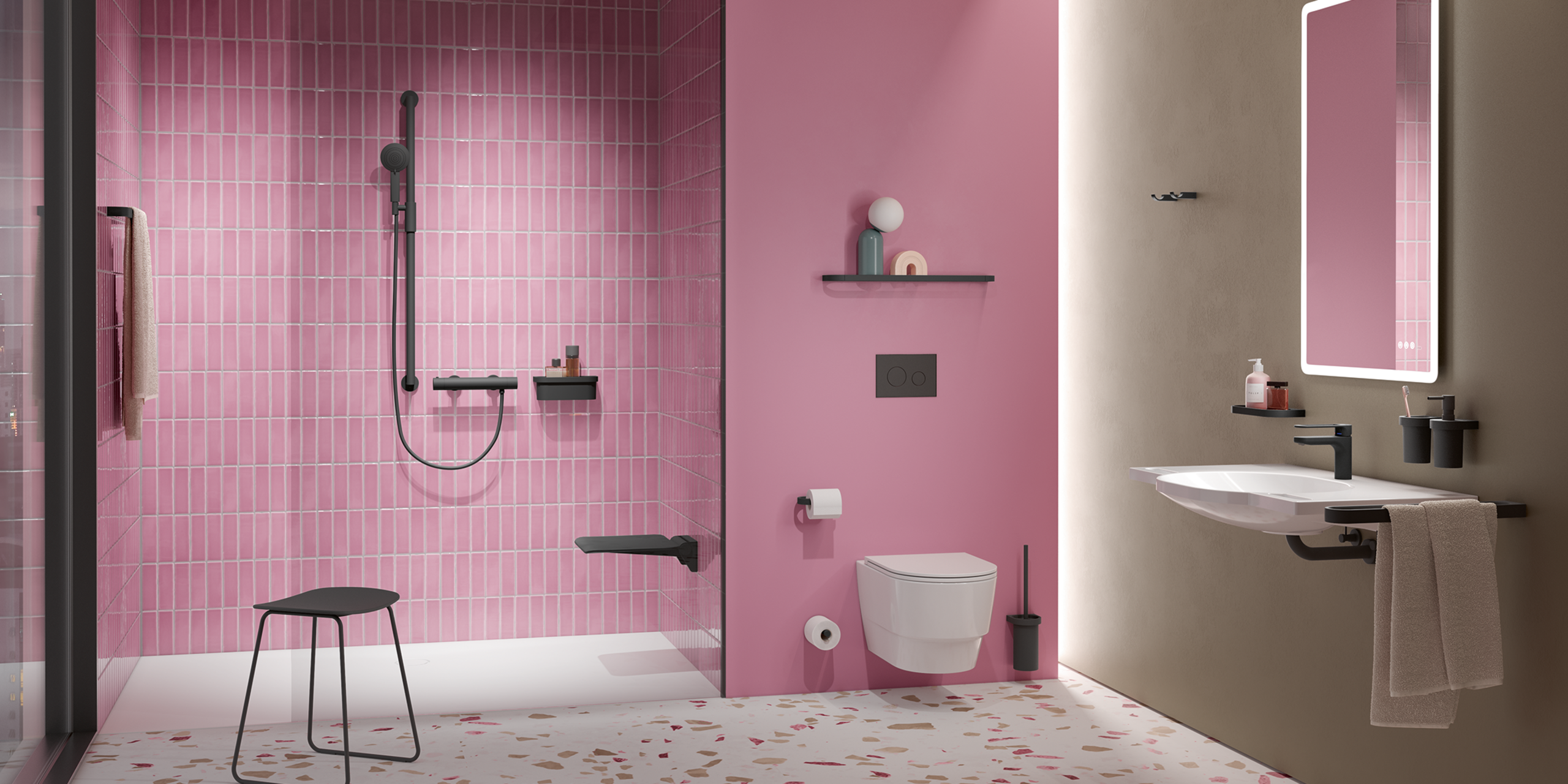 HEWI System 800 schwarzmatt Bad mit Waschplatz, Duschbereich und WC