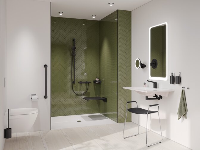 HEWI System 900 Bathroom with washbasin, shower area and WC