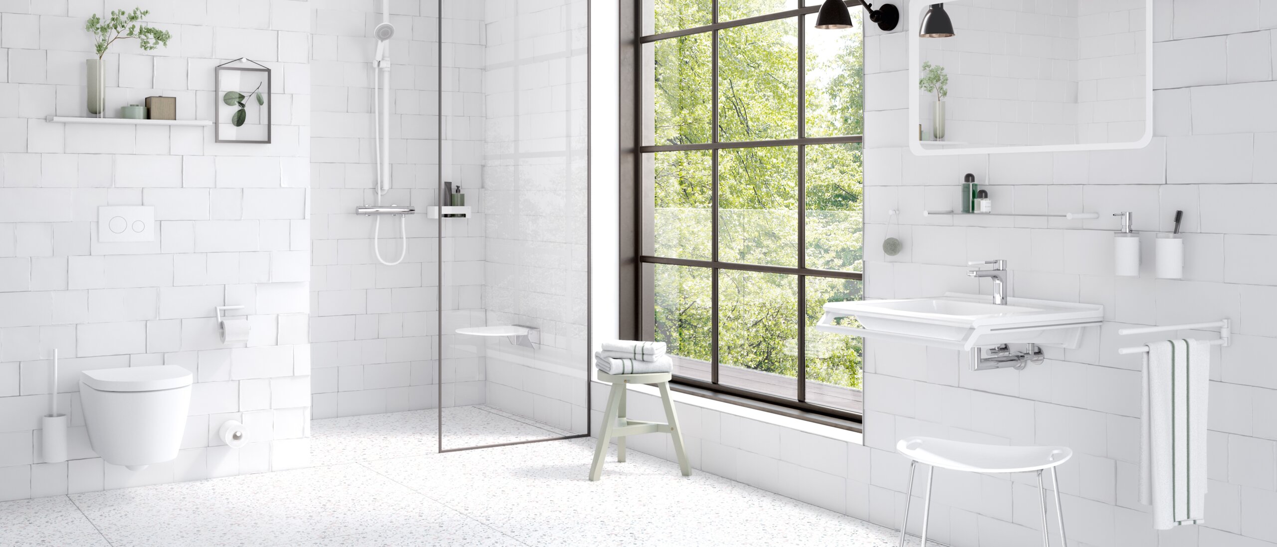 HEWI Serie 162 weiß matt Bad, ausgestattet mit Sanitäraccessoires wie Handtuchhalter, Seifenspender, Toilettenpapierhalter in der Farbe Weiß matt