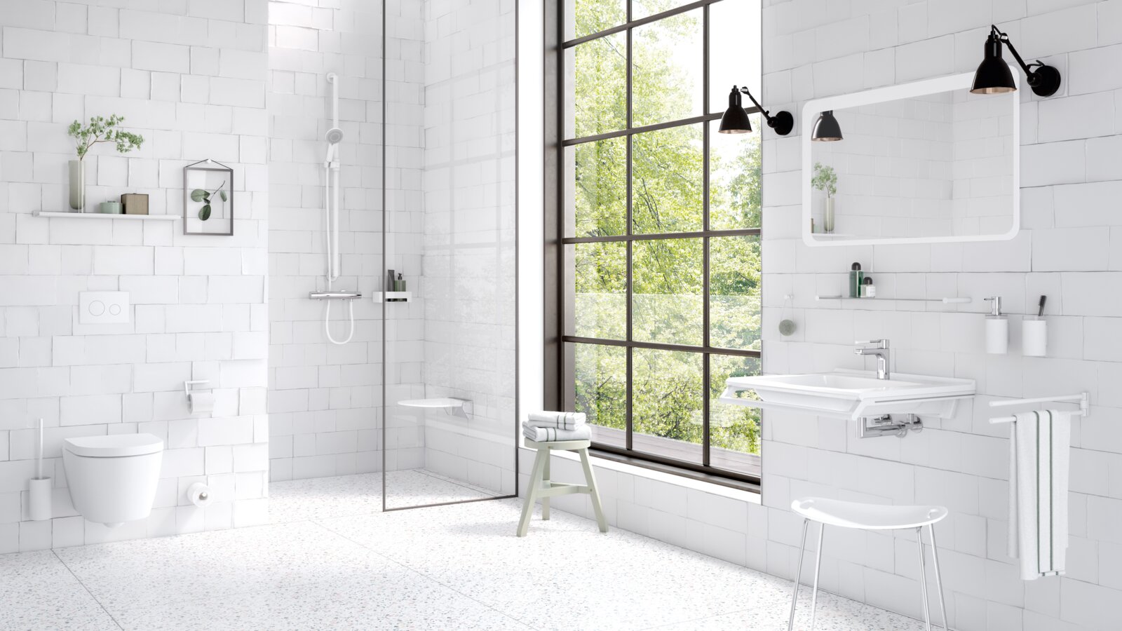 HEWI Serie 162 weiß matt Bad, ausgestattet mit Sanitäraccessoires wie Handtuchhalter, Seifenspender, Toilettenpapierhalter in der Farbe Weiß matt