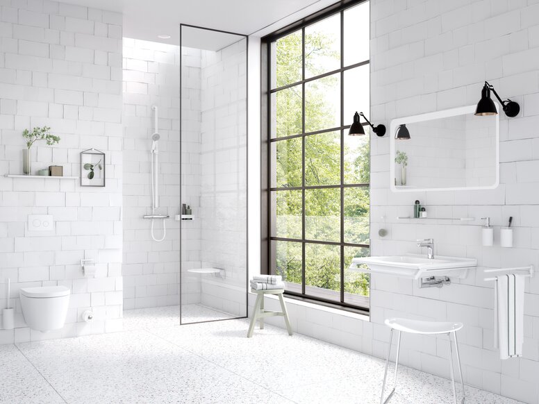 HEWI Series 162 white matt Bathroom, equipped with sanitary accessories such as towel rail, soap dispenser, toilet roll holder in the colour white matt