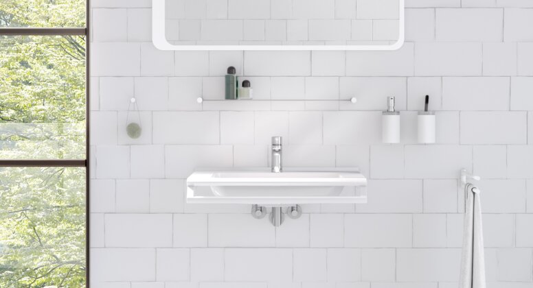 HEWI System 162 Moderne Waschtischsituation mit weißmatten Sanitäraccessoires wie Seifenspender, Handtuchhalter und Ablage