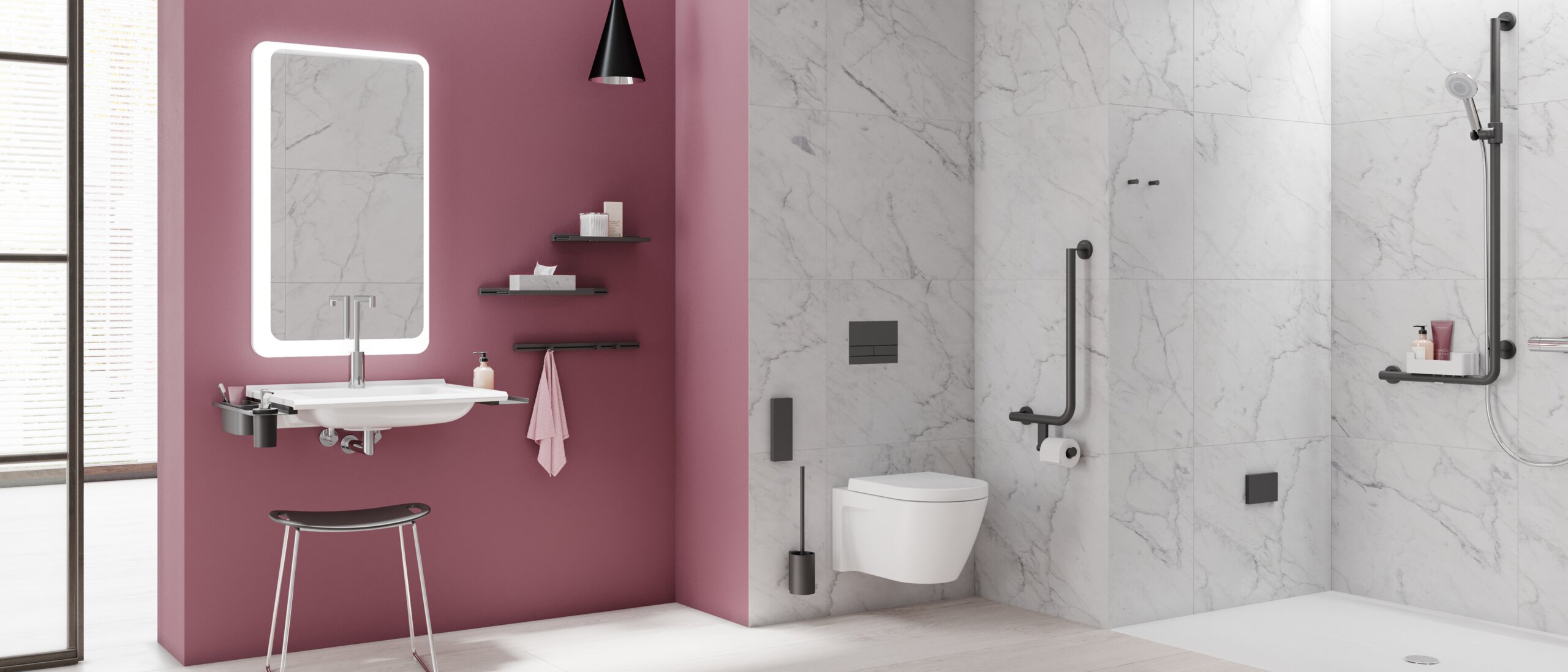 HEWI barrierefreies Bad System 900 Schwarz matt Barrierefreies Bad mit Waschplatz, Duschbereich und WC ausgestattet mit Accessoires in Schwarz matt