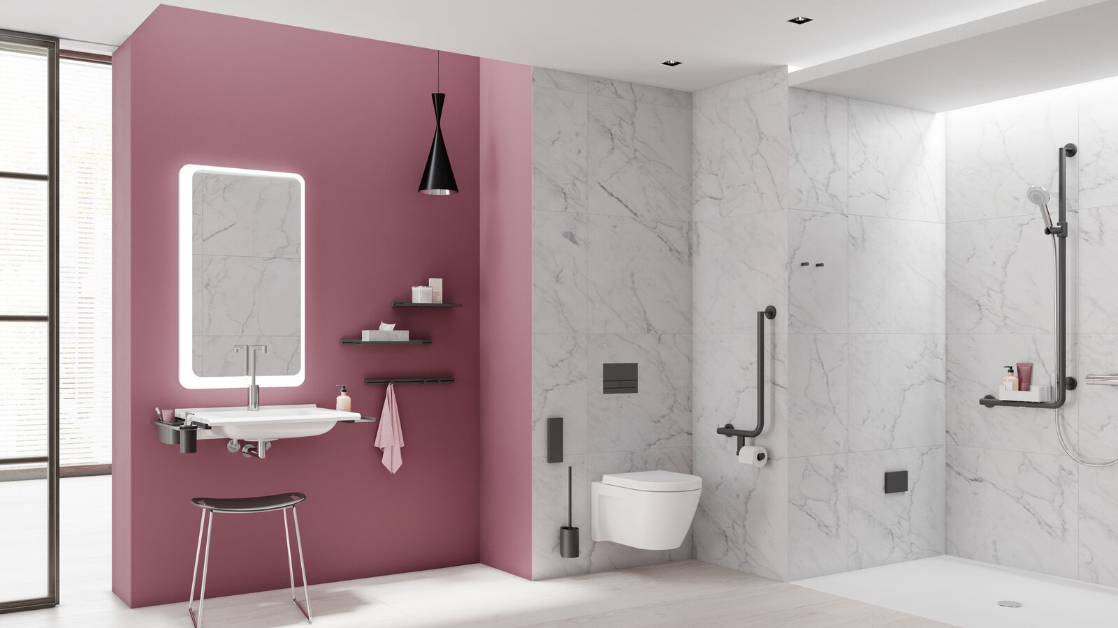 HEWI barrier-free bathroom system 900 Black matt Barrier-free bathroom with washbasin, shower area and WC fitted with accessories in matt black