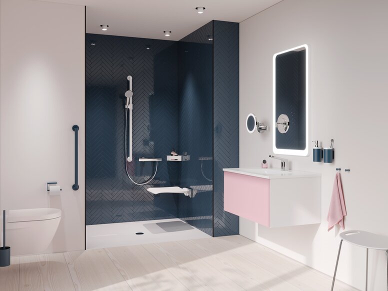HEWI Range 900 Age-appropriate bathroom equipped with blue matt sanitary accessories