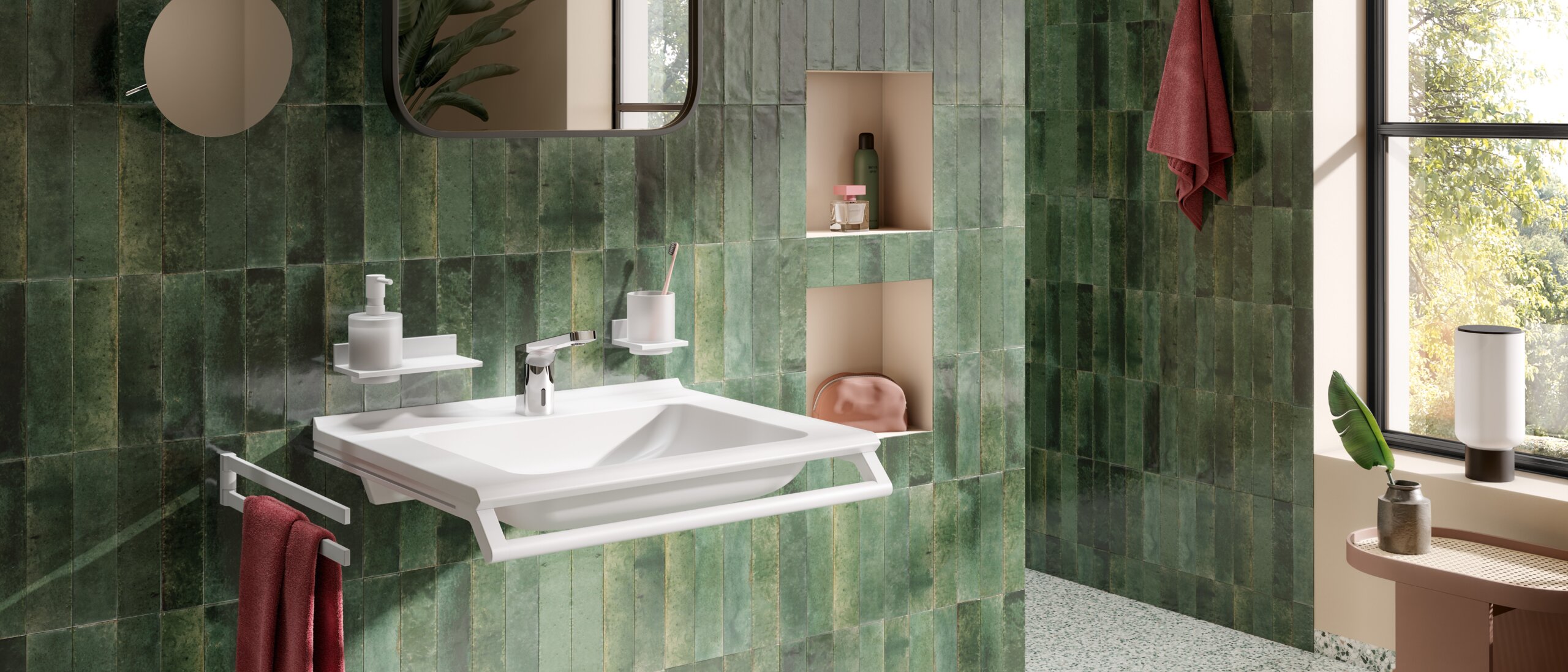 HEWI System 900Q Waschplatz ausgestattet mit Handtuchhalter und Seifenspender in der Farbe Weiß matt