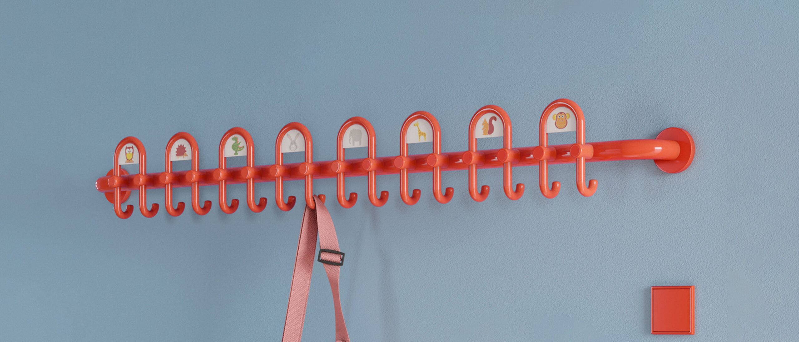 HEWI coat rack and fittings for children Colourful kindergarten equipped with fittings and wardrobe in the colour orange