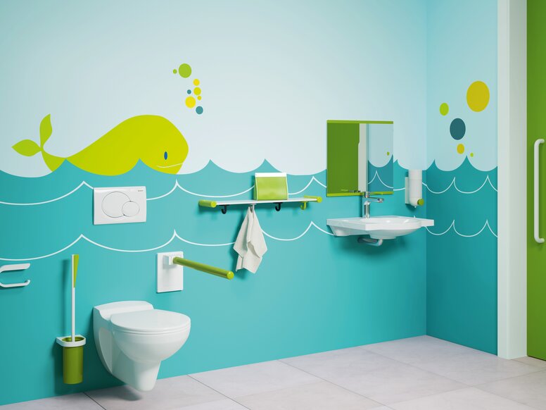 HEWI barrier-free bathroom for children Series 800 K green Barrier-free bathroom for children with WC and wash area in blue-green