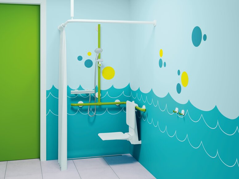 HEWI barrier-free shower area for children 800 K green Barrier-free shower area for children in blue-green