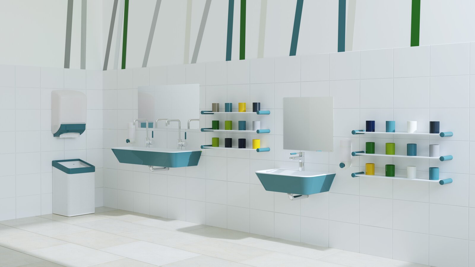Child-friendly HEWI washbasin blue Two washbasins at different heights next to colourful toothbrush mugs