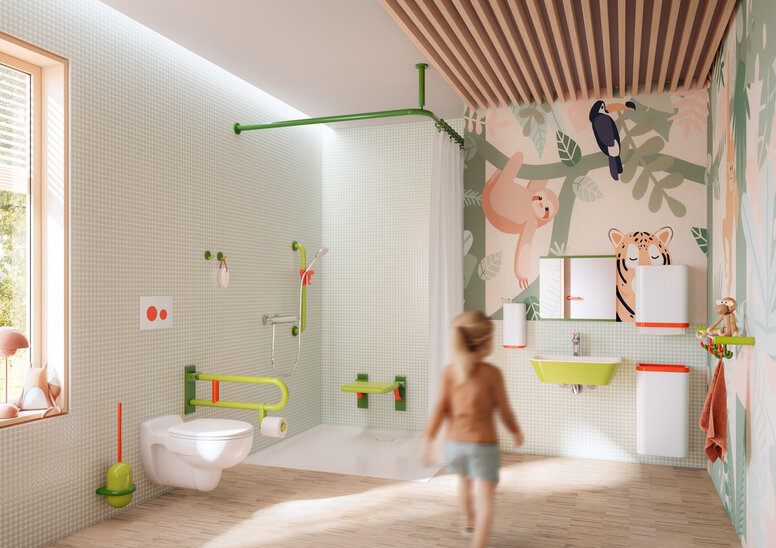 HEWI series 477/801 ICONIC Colourful and child-friendly bathroom equipped with sanitary accessories in shades of green, white and coral