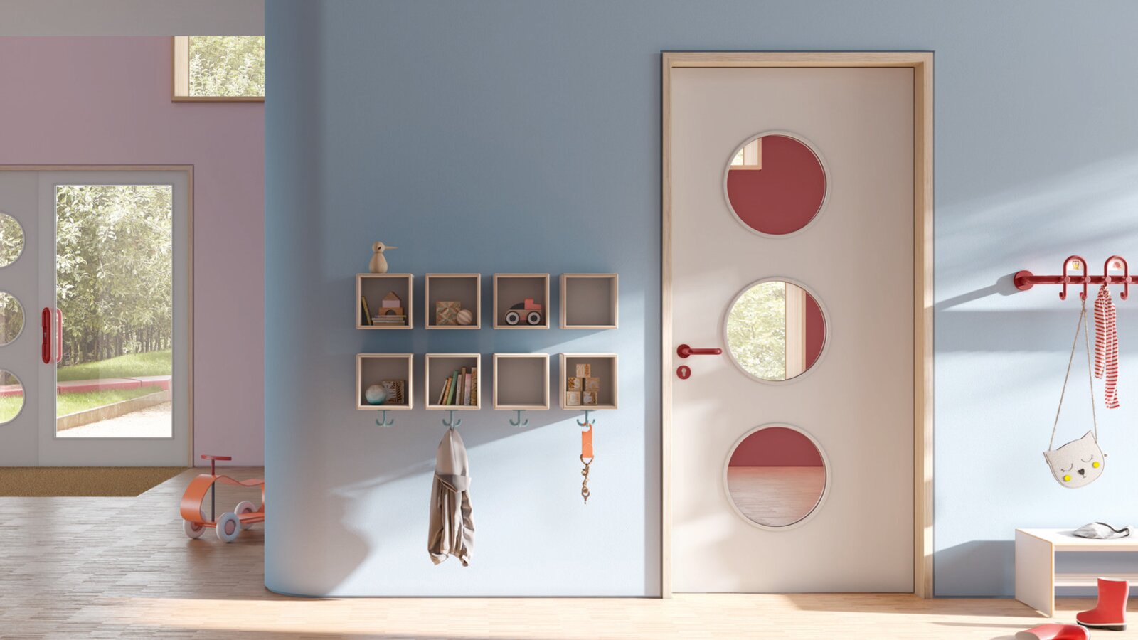 HEWI fittings, wardrobe and M20 furniture for children Colourful kindergarten equipped with HEWI fittings, cloakroom and furniture