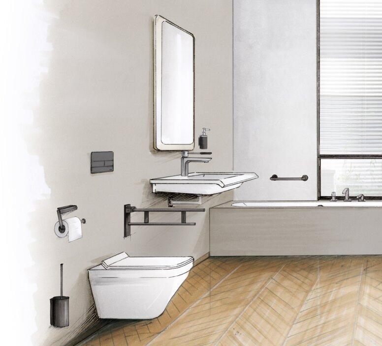 HEWI System 900 Barrierefreies Badezimmer mit bodengleicher Dusche, unterfahrbarem Waschtisch und Stützklappgriffen – KfW-Förderung Badsanierung möglich.