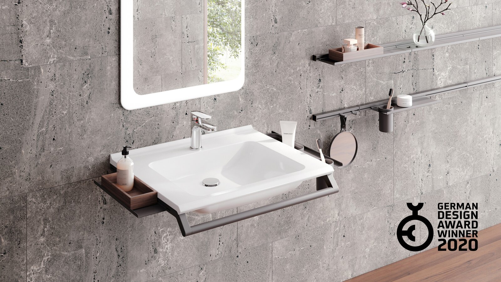 HEWI modular washbasin dark grey matt German Design Award Modular washbasin with grab rail and shelves for bathroom utensils in dark grey matt stainless steel