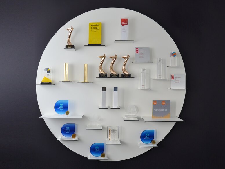 HEWI labelling wall Wall with awards won by HEWI