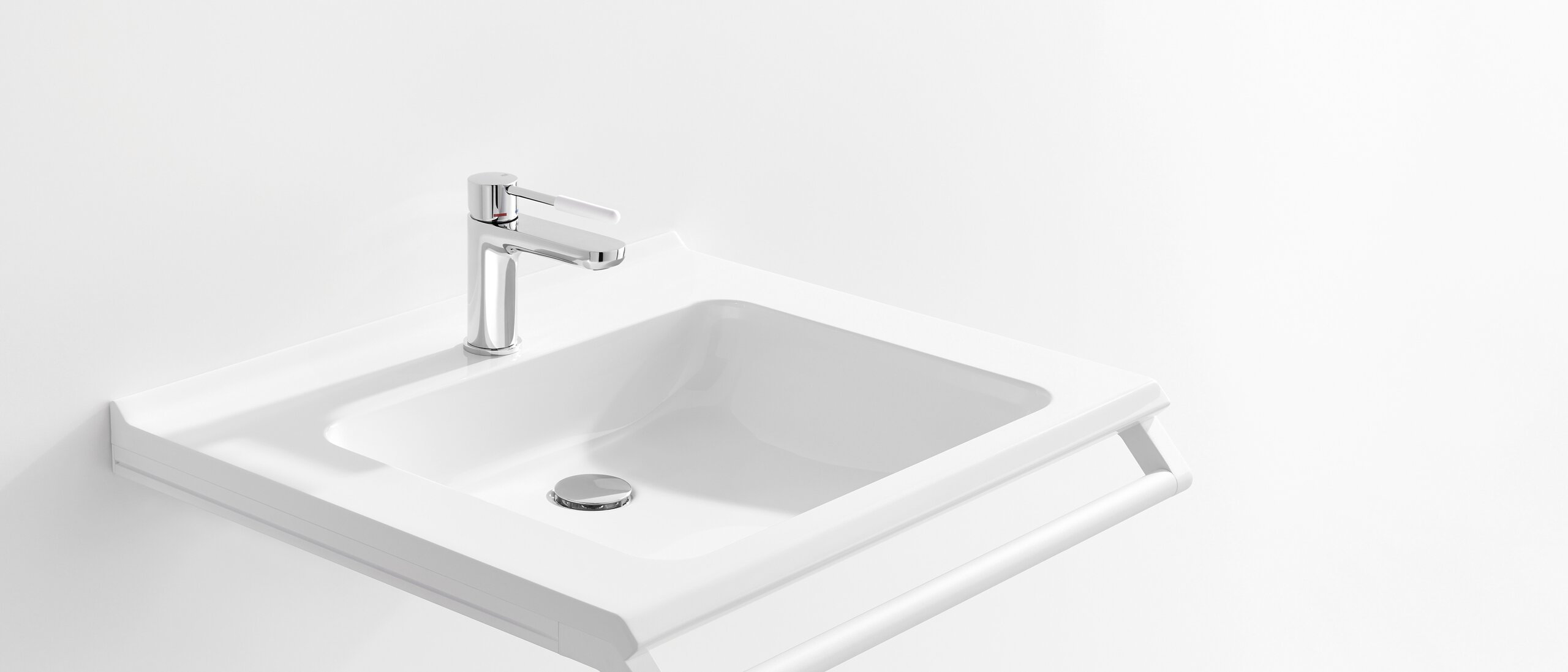 HEWI barrier-free washbasin Barrier-free washbasin with grab rail in matt white stainless steel and chrome single-lever tap with white polyamide handle element