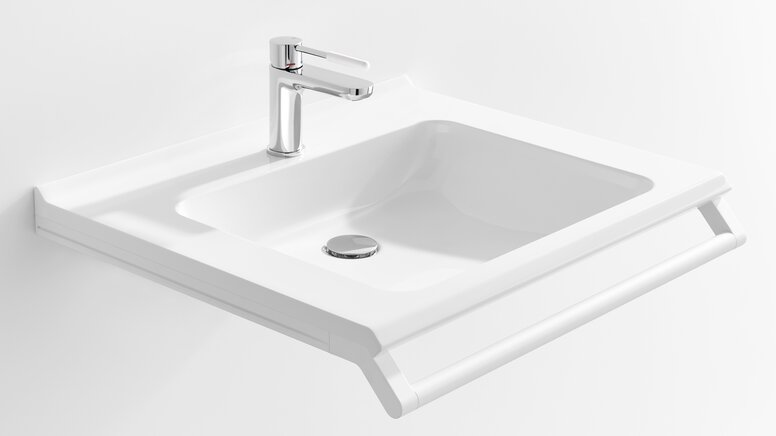 HEWI barrier-free washbasin Barrier-free washbasin with grab rail in matt white stainless steel and chrome single-lever tap with white polyamide handle element