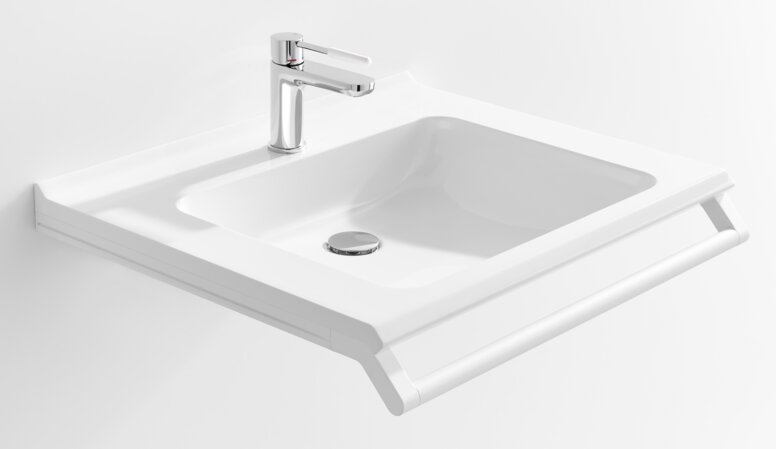 HEWI barrier-free washbasin Barrier-free washbasin with grab rail in matt white stainless steel and chrome single-lever tap with white polyamide handle element