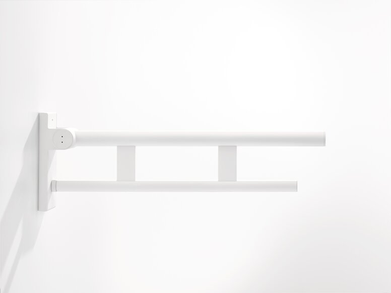 HEWI Folding support handle White matt Folding support handle with two bars in the colour white matt stainless steel