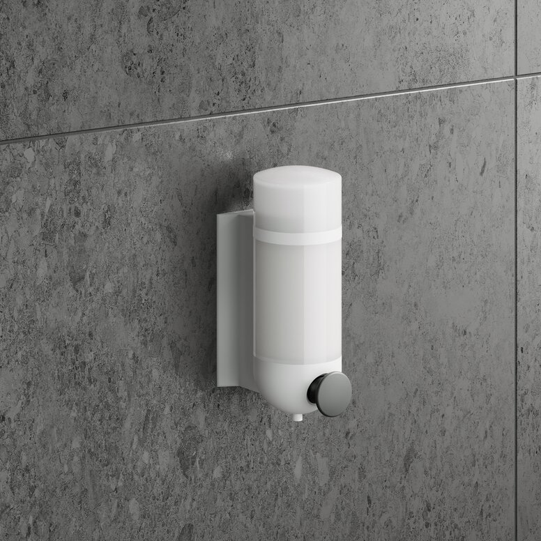 HEWI soap dispenser Soap dispenser in the colour signal white and with a push button in anthracite made of polyamide