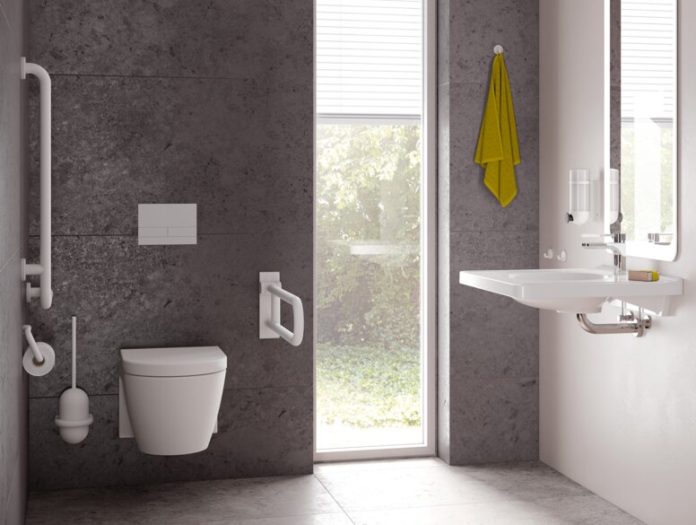 © HEWI Barrierefreies Bad Signalweiß matt  Barrier-free bathroom with washbasin and WC equipped with HEWI series 477/801 signal white matt | © HEWI Barrierefreies Bad Signalweiß matt