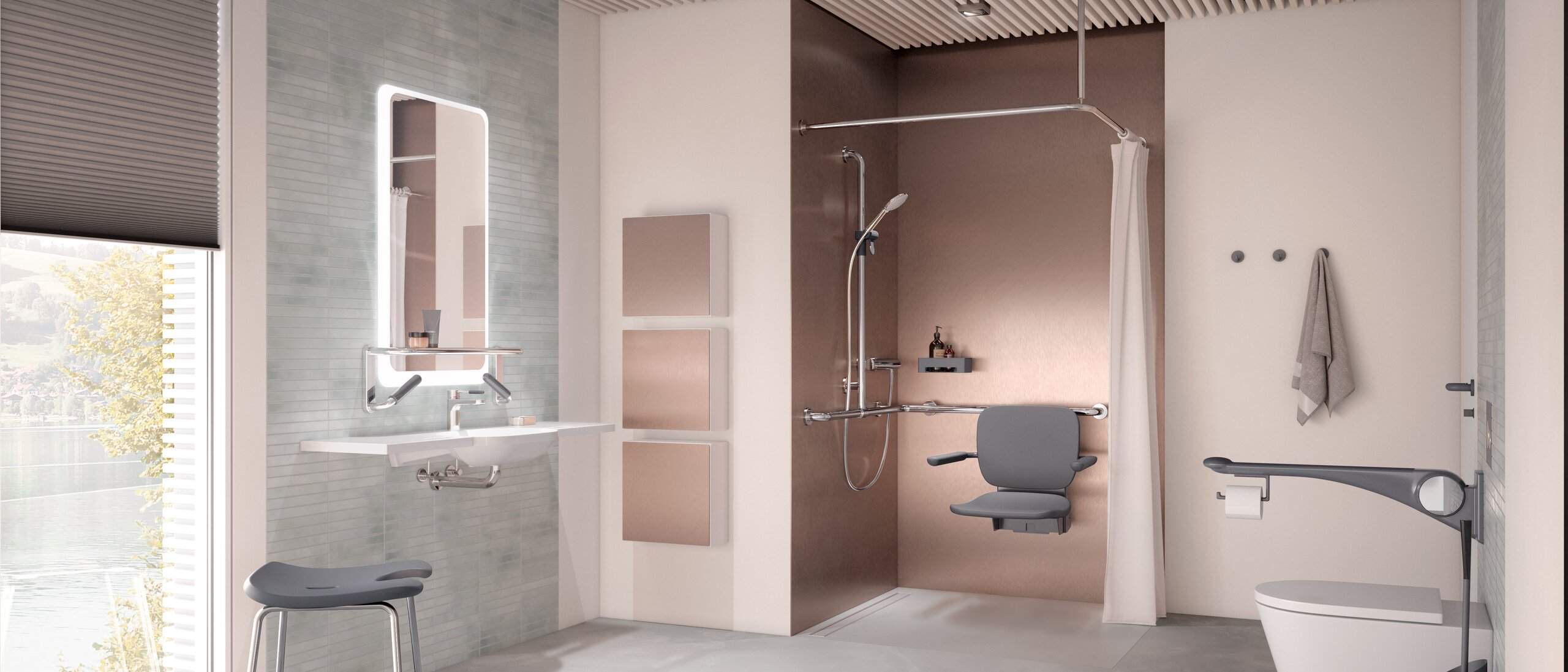 Barrier-free care bathroom HEWI lift system anthracite matt Barrier-free care bathroom with washbasin, shower area and WC