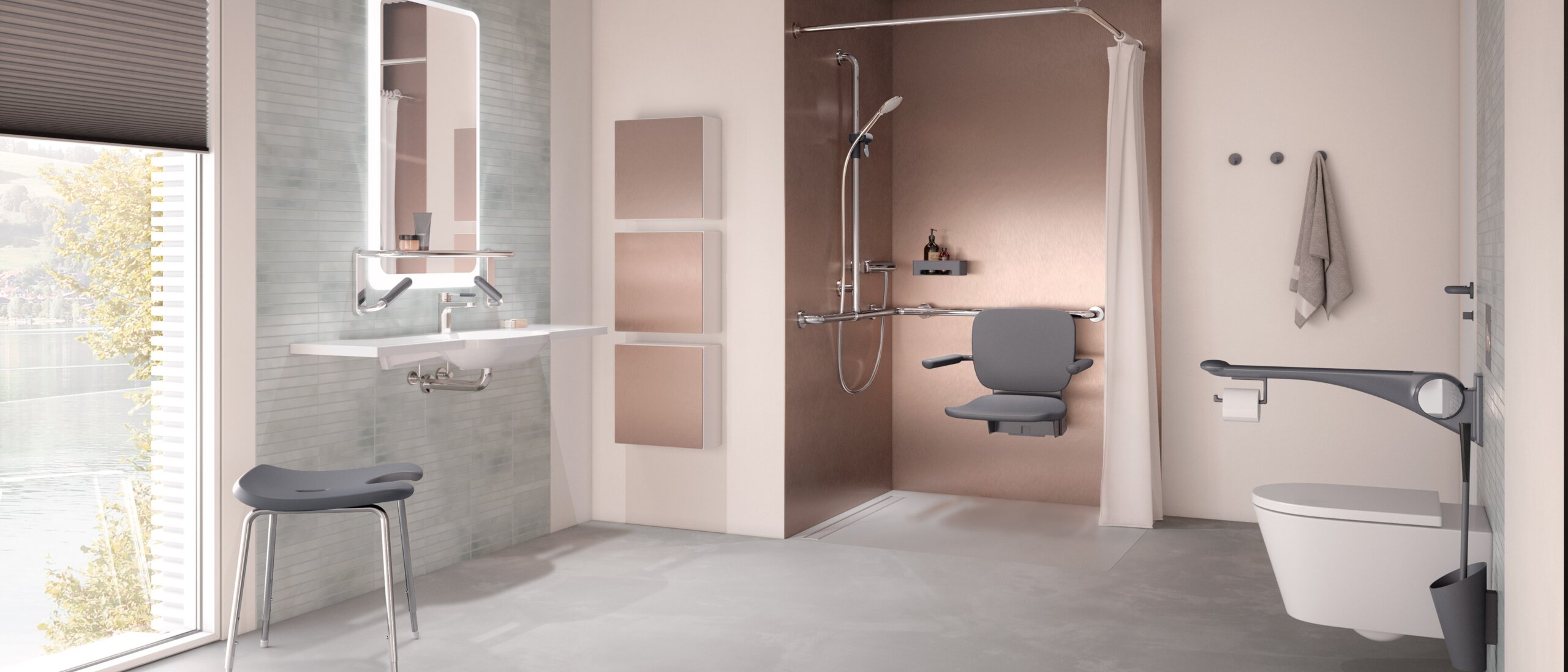Barrier-free care bathroom HEWI lift system anthracite matt Barrier-free care bathroom with washbasin, shower area and WC