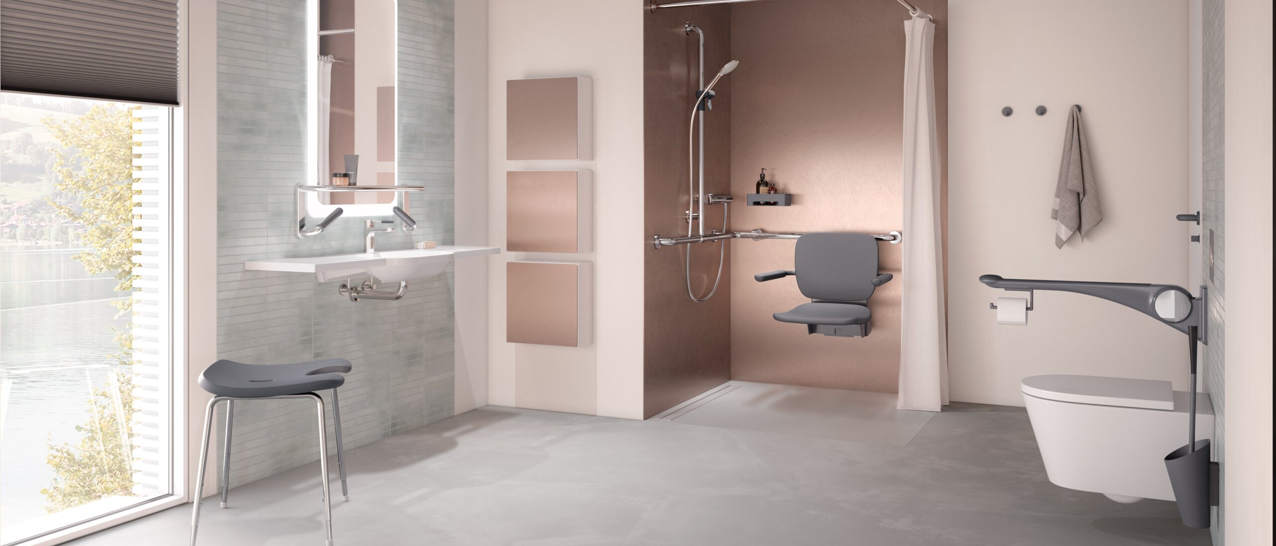 Barrierefreies Pflegebad HEWI Liftsystem Anthrazit matt Barrierefreies Pflegebad mit Waschplatz, Duschbereich und WC