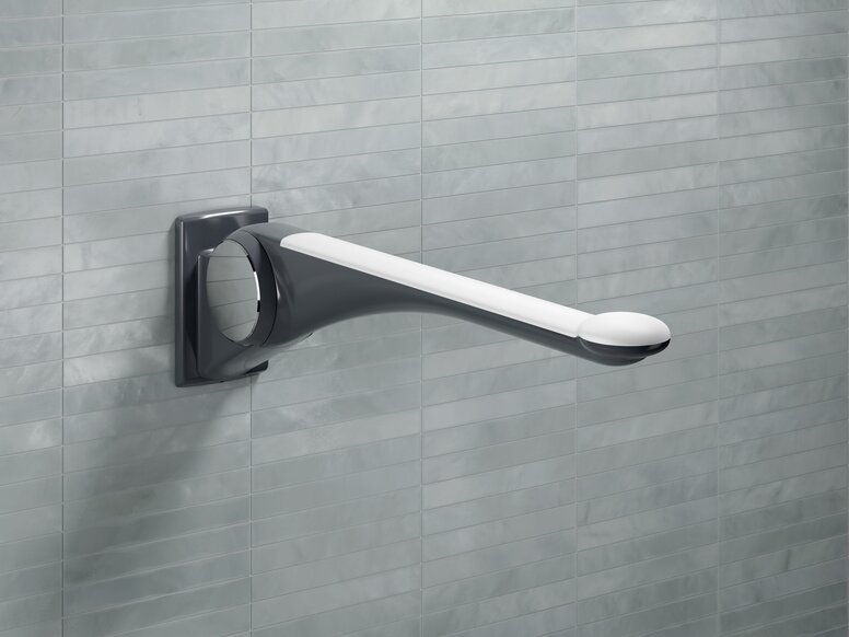 HEWI LifeSystem folding support handle anthracite-white Folding support handle in the colour anthracite with grip pad in the colour white