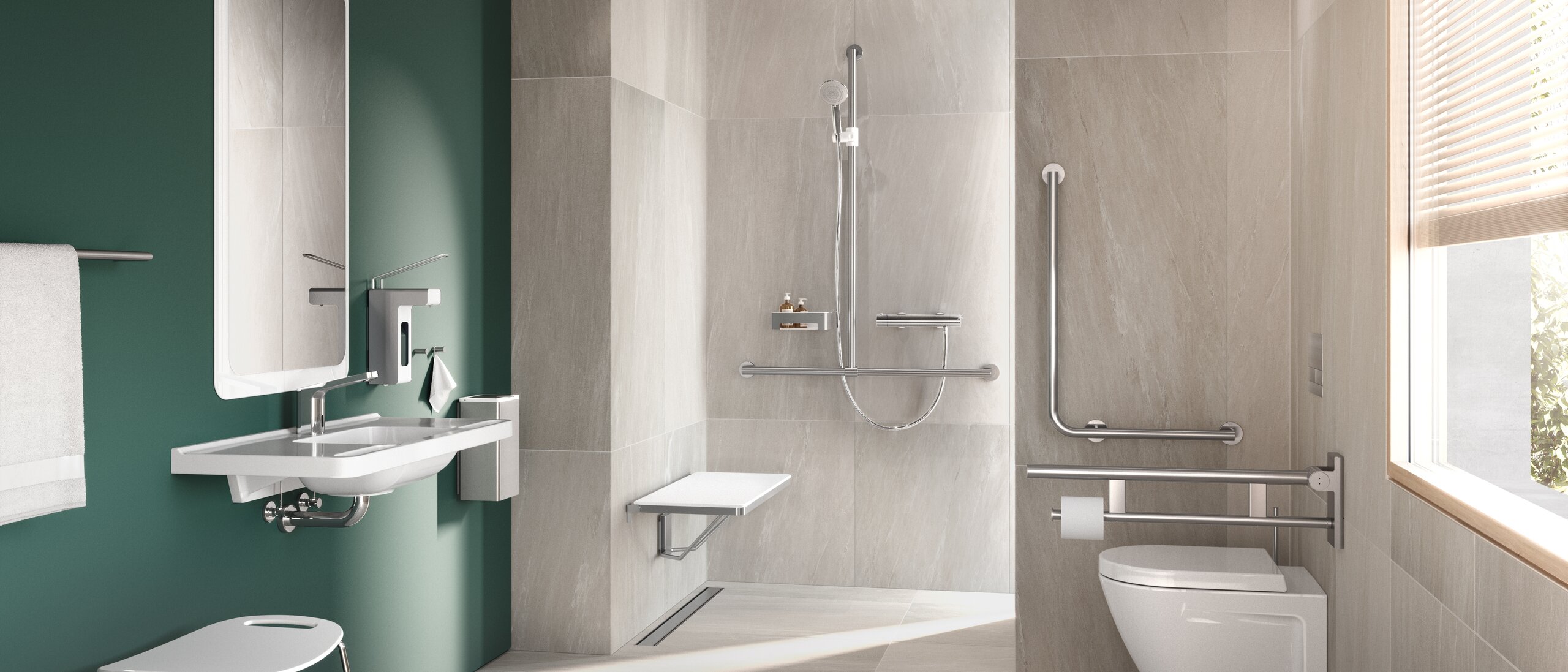 HEWI Bathroom System 900 stainless steel Barrier-free bathroom with washbasin, shower area and WC System 900 stainless steel