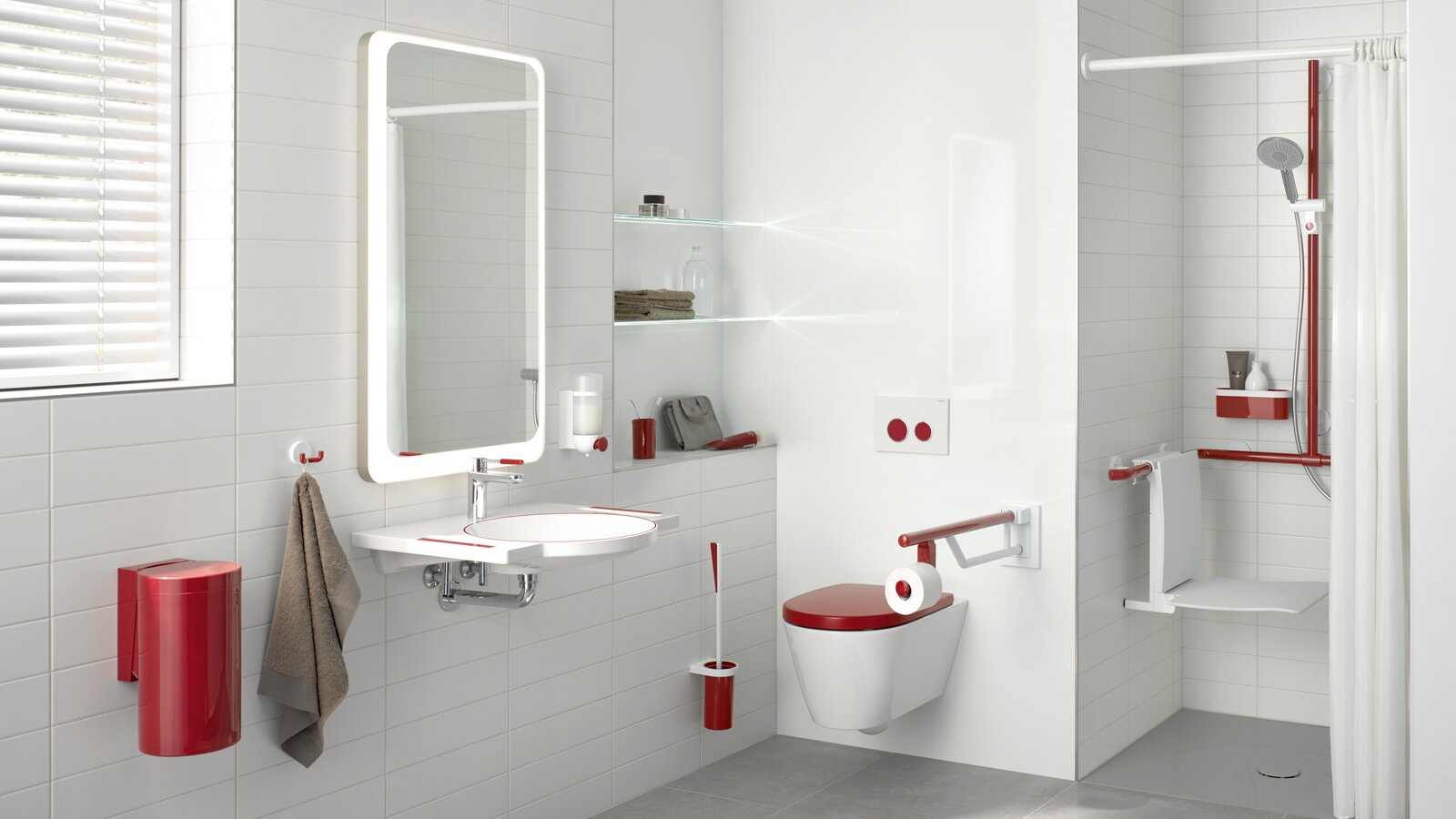 HEWI dementia-sensitive products Bathroom equipped with products in a contrasting red colour for dementia patients