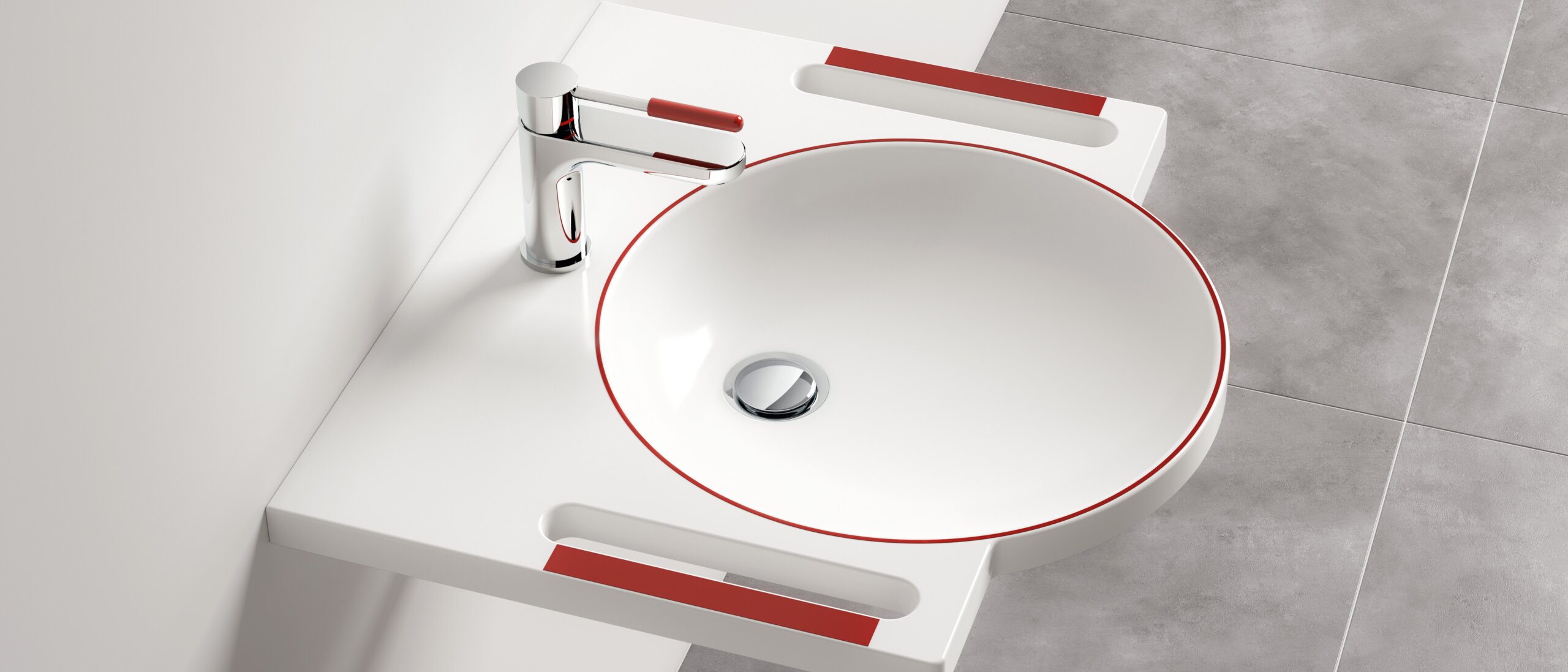 HEWI dementia washbasin and System 800K mixer tap Washbasin and tap with red contrasting colours for dementia patients