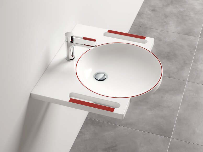 HEWI dementia washbasin and System 800K mixer tap Washbasin and tap with red contrasting colours for dementia patients