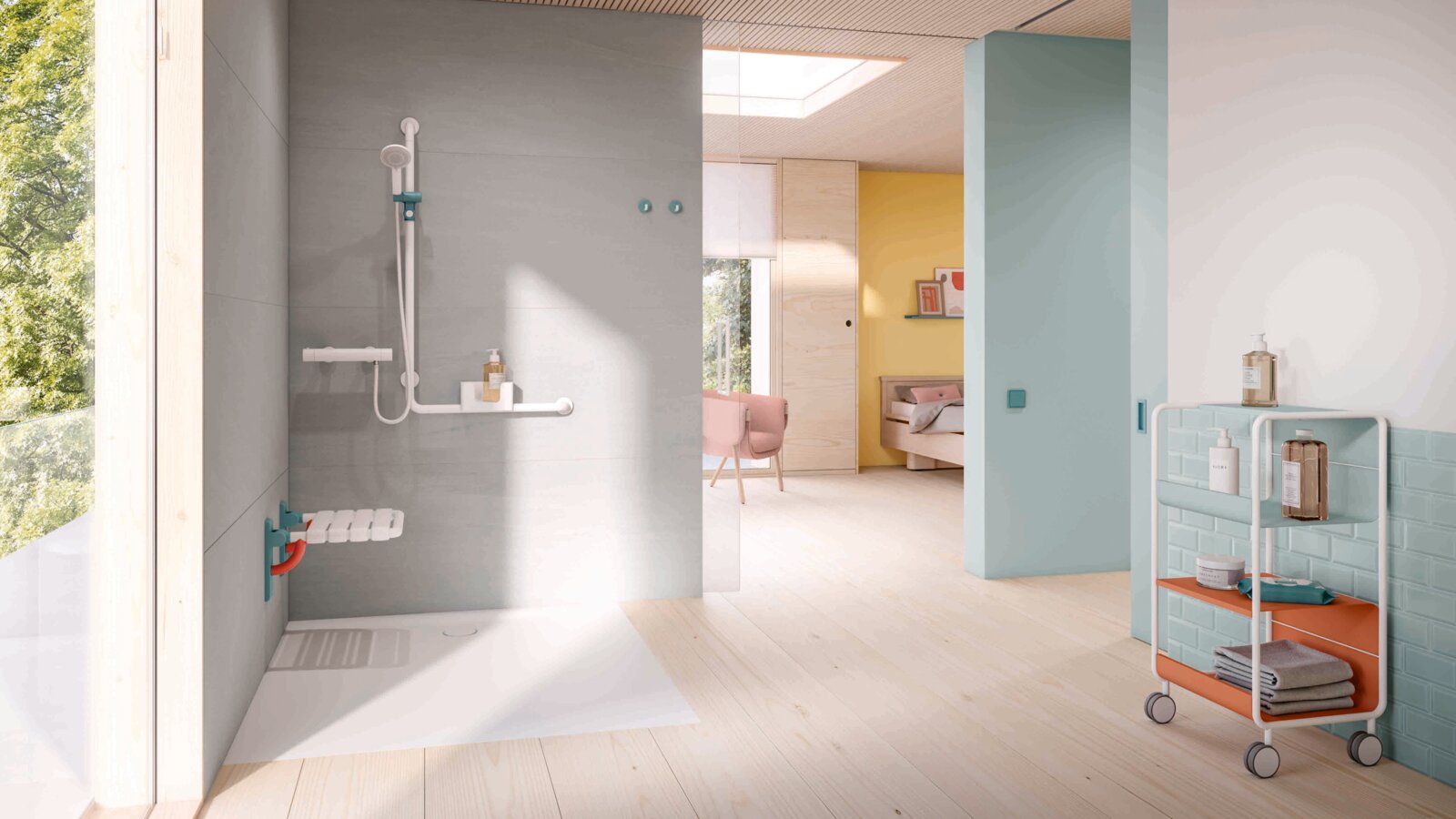 HEWI Series 477/801 ICONIC Barrier-free shower area in a patient room