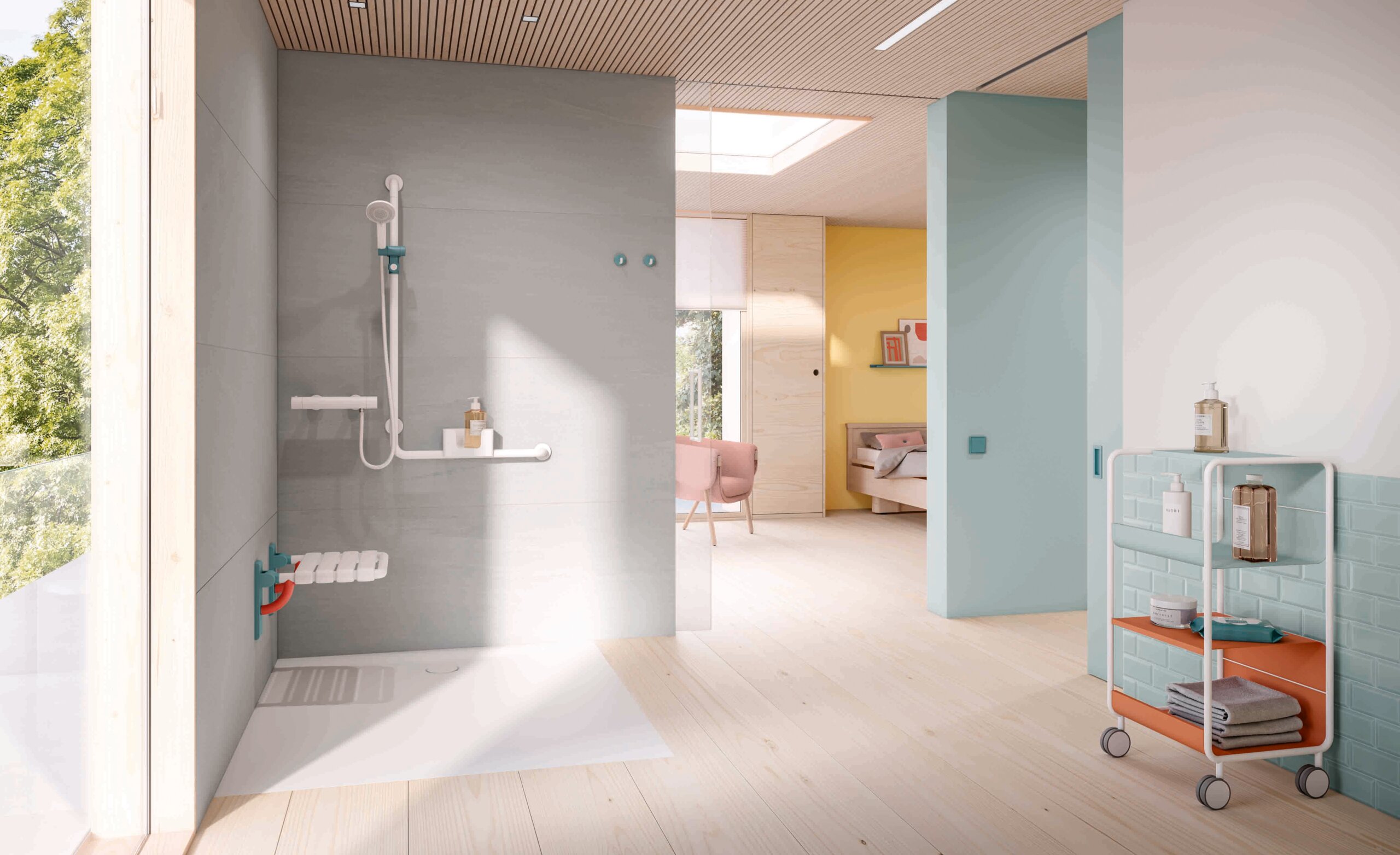 HEWI Serie 477/801 ICONIC Barrierefreier Duschbereich eines Patientenzimmers