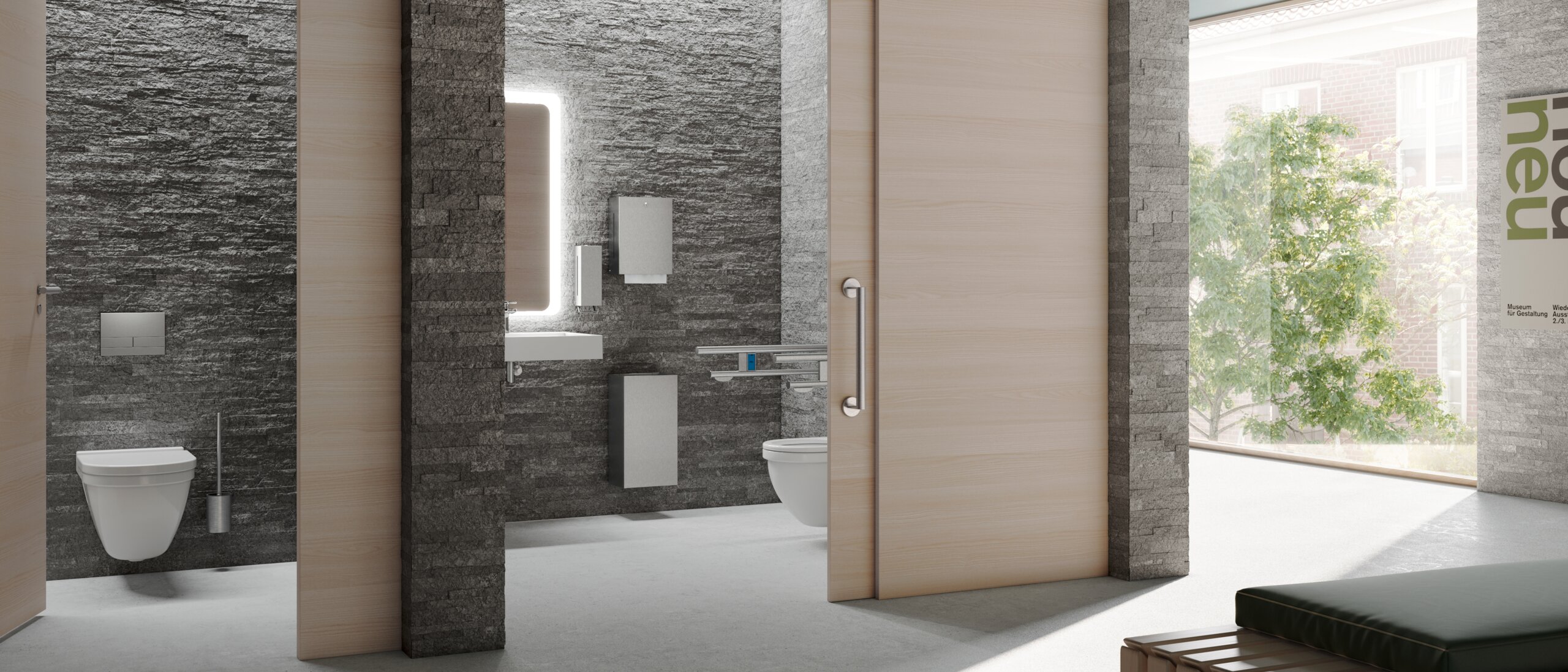 HEWI serie 900 roestvrij staal mat Openbare, barrièrevrije wc-cabine met inklapbare steungrepen, zeep- en papierdispenser in mat roestvrij staal