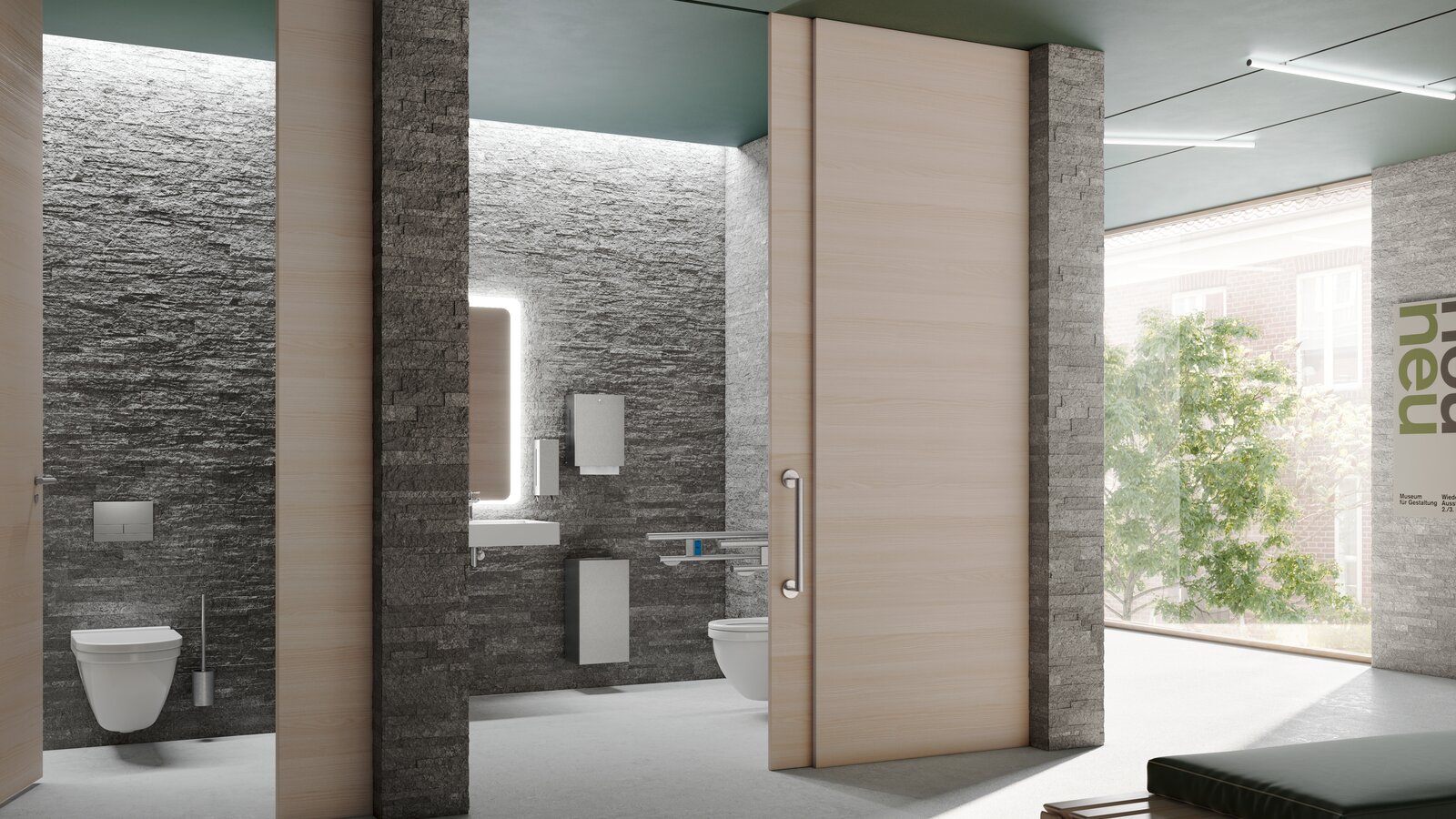 HEWI Series 900 stainless steel matt Public, barrier-free WC cubicle with folding support handles, soap and paper dispenser in matt stainless steel