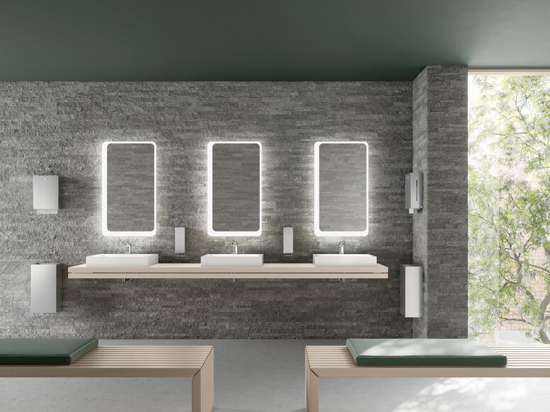 HEWI dispenser systems for public bathrooms Public washing area equipped with a waste bin, soap and paper towel dispenser in matt stainless steel