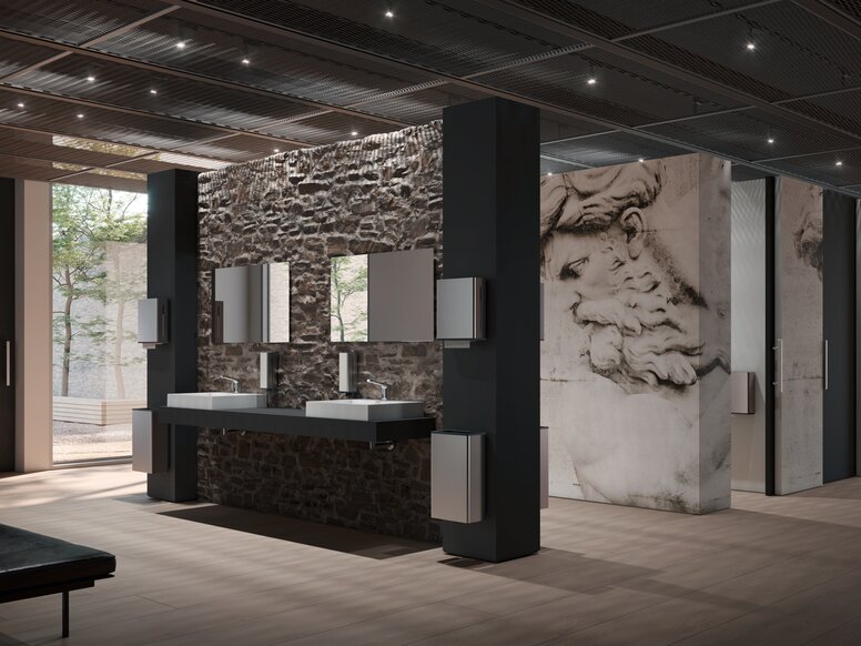 HEWI dispenser products public WC stainless steel matt Public WC equipped with HEWI soap and paper towel dispensers in matt stainless steel