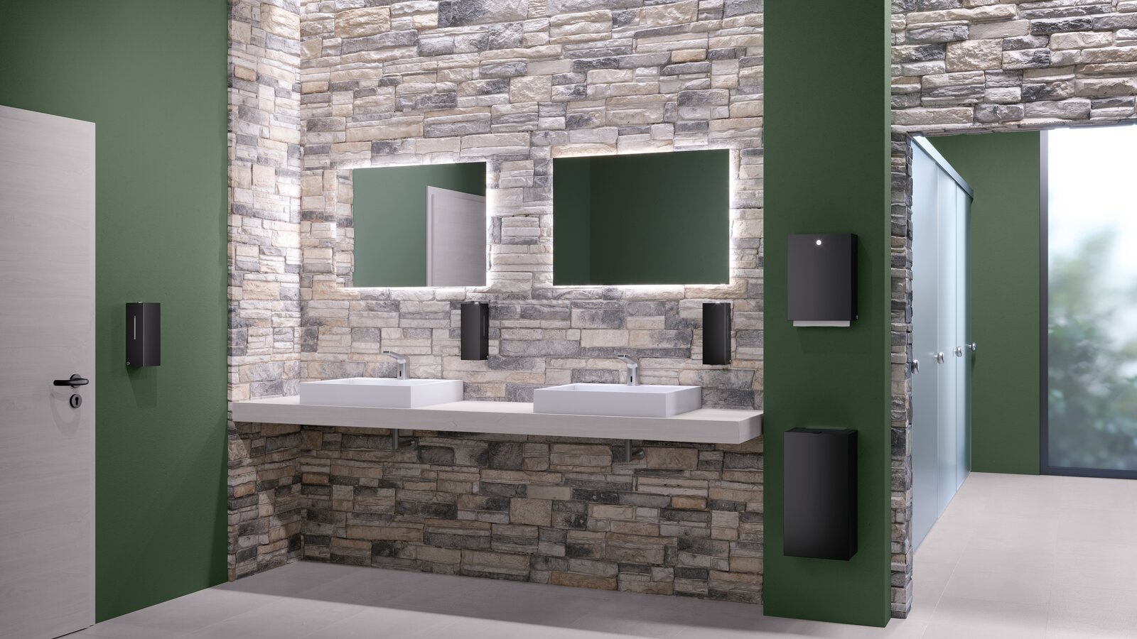 HEWI public WC black matt Public WC equipped with soap, disinfectant and paper towel dispensers in the colour black matt