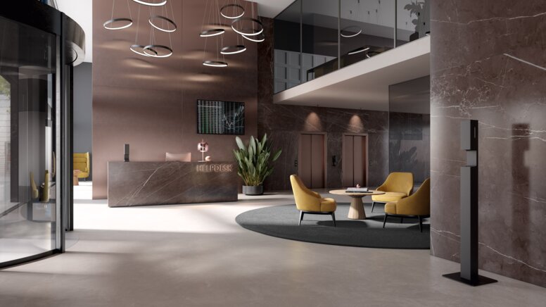 HEWI SENSORIC disinfectant dispenser column Modern reception area with a disinfectant dispenser column in matt black stainless steel