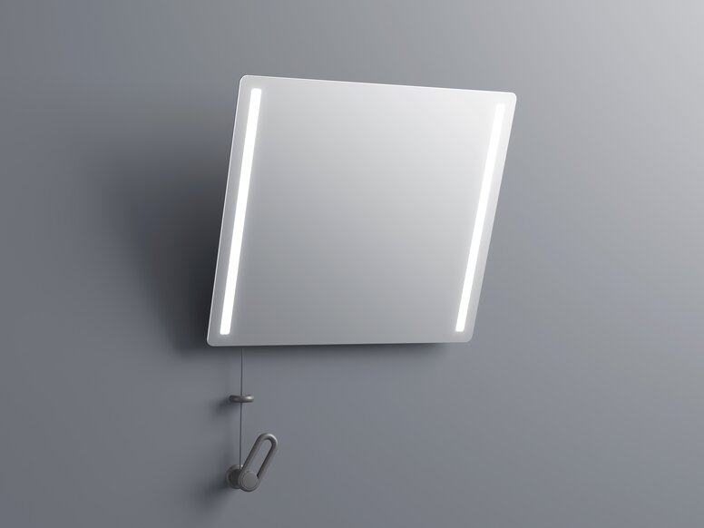 HEWI Tilting mirror LED anthracite grey Tilting mirror with LED lighting and crank and cable pull for tilt adjustment